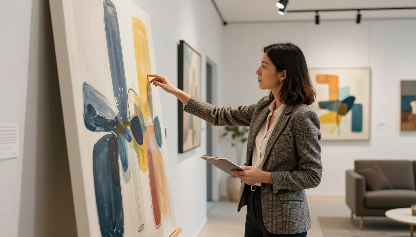 interior designer selecting wall art in modern gallery space