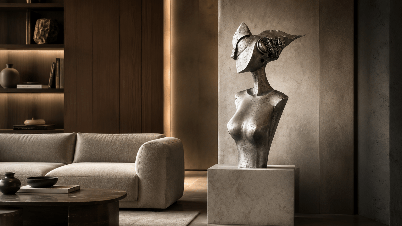 Modern sculptures for contemporary home interiors – a sculptural artwork in a modern living room by Rossetti Art