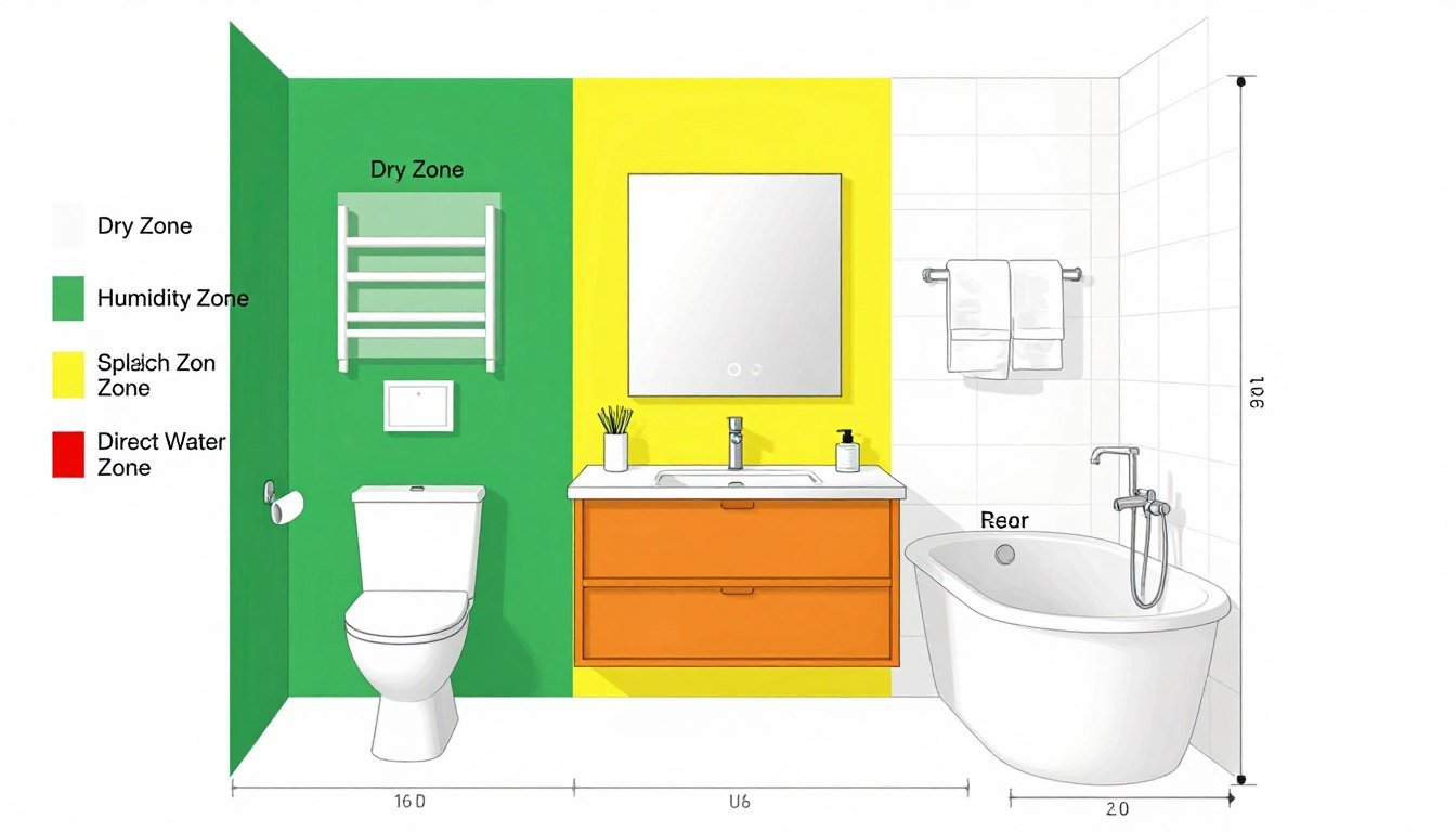 Bathroom art placement zones diagram showing dry, humidity, splash, and direct water zones