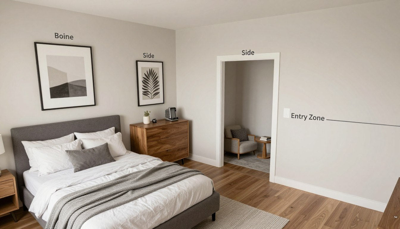 Bedroom wall art placement map showing different zones where to hang wall art in the bedroom