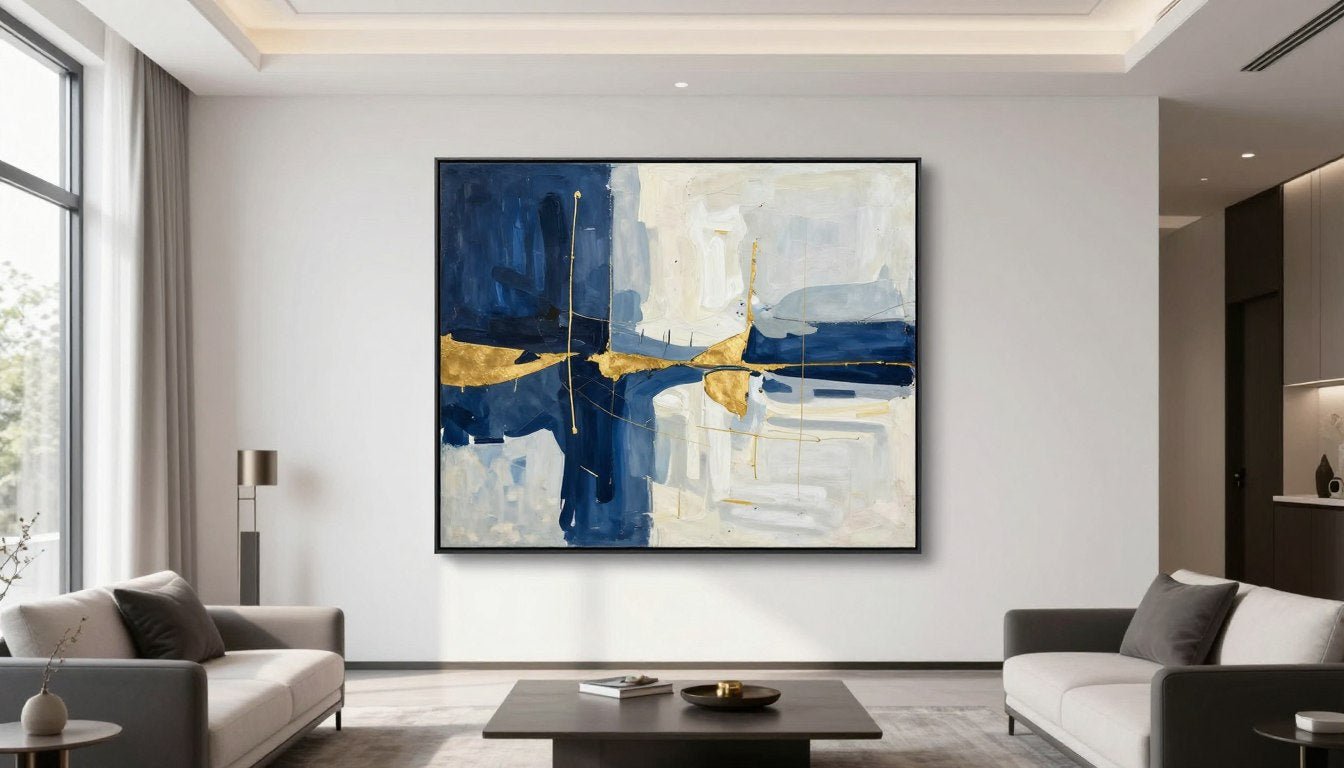 Modern living room with carefully selected abstract wall art creating visual balance