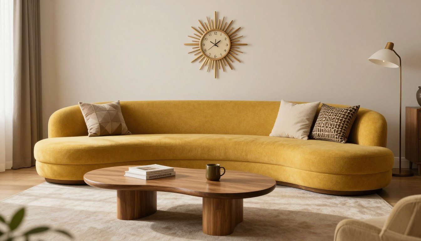 curves and retro 1960s styles in interior design living room with organic shapes
