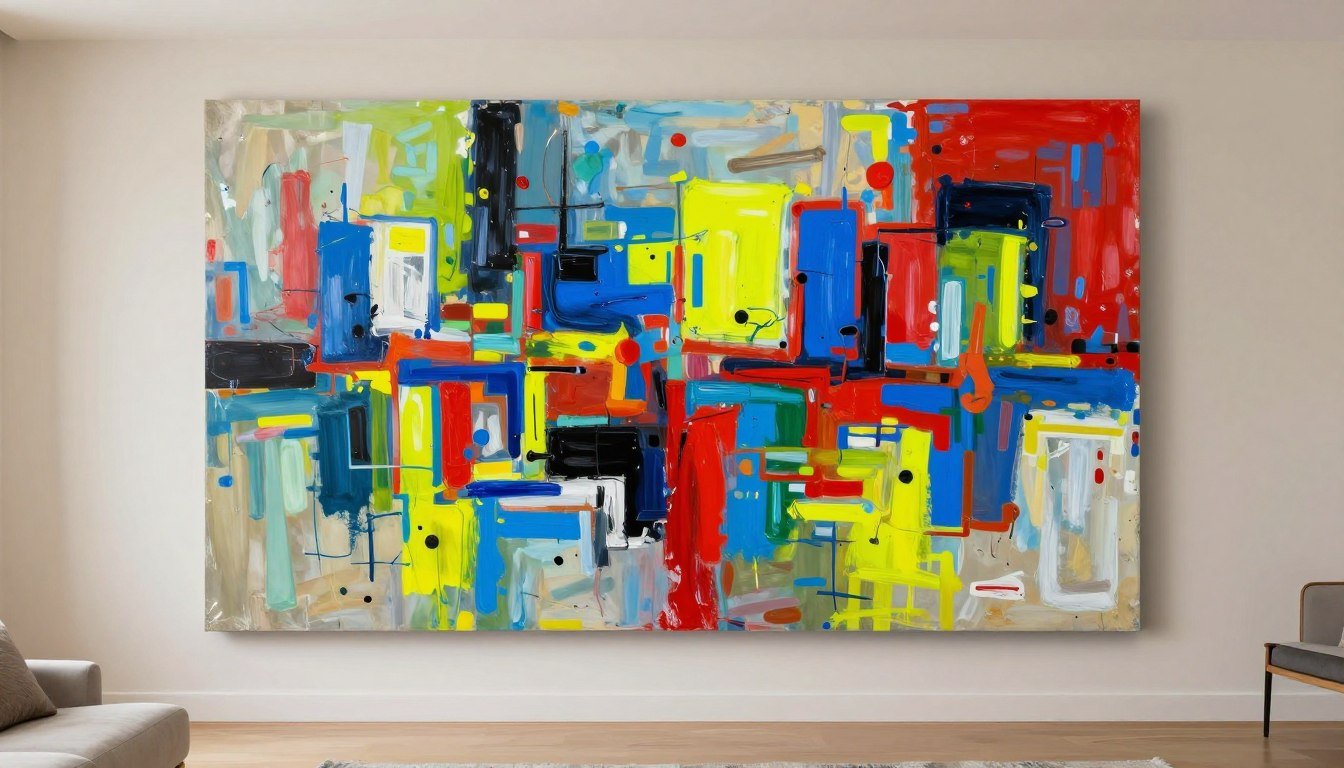 Overwhelming abstract wall art dominating a living room space