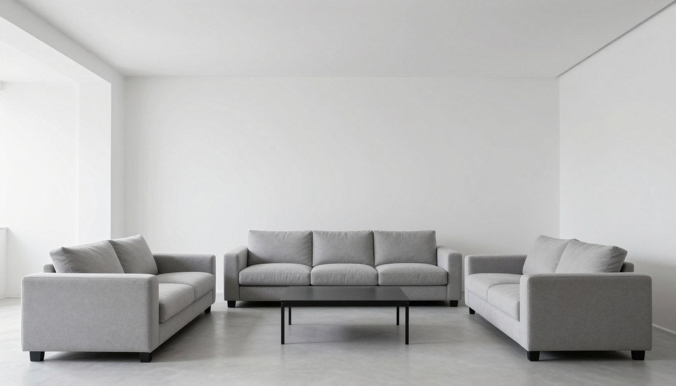 cold modern living room with sterile white walls and minimal furniture