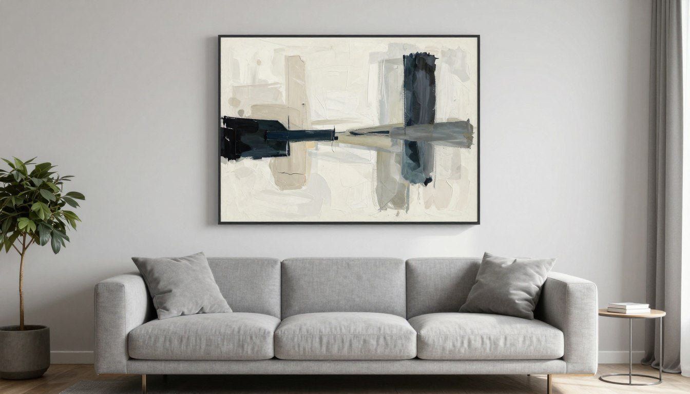 Modernes Wohnzimmer mit abstrakter Wandkunst über dem Sofa