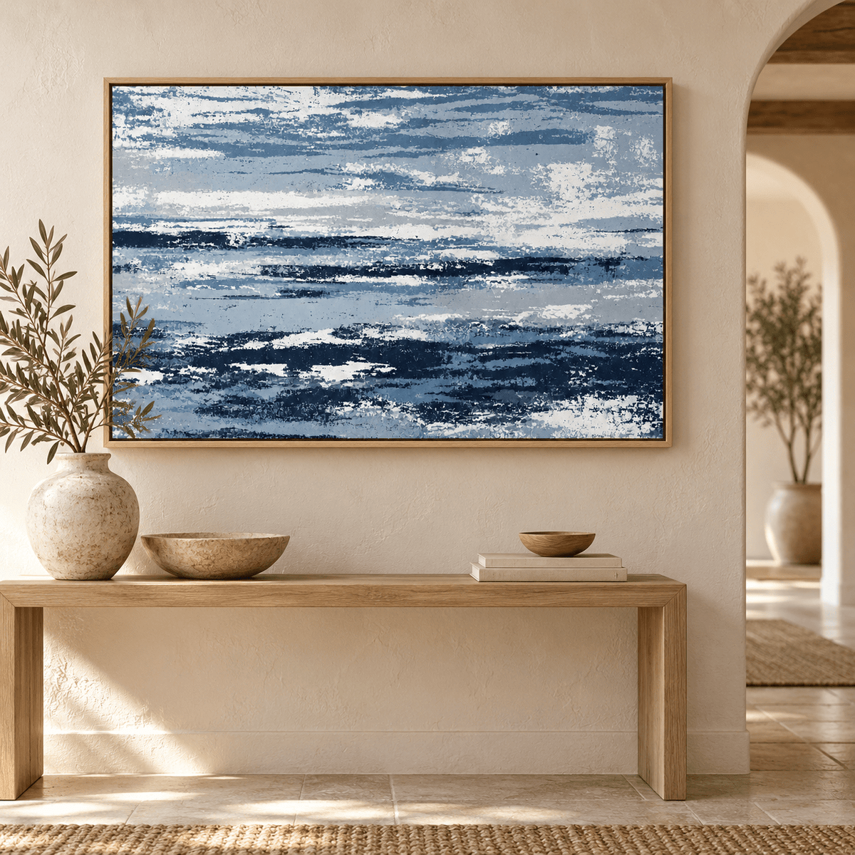 Blue and White Wall Art – Salt Current by Rossetti Art – horizontal blue abstract canvas above a wooden console in an entryway