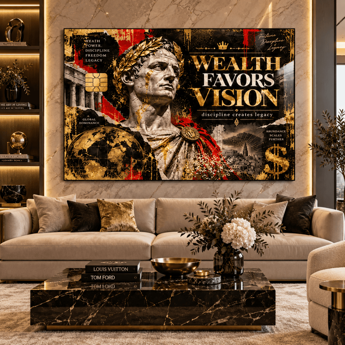 Large acrylic prints – oversized black, gold and red acrylic wall art above a cream sofa by Rossetti Art
