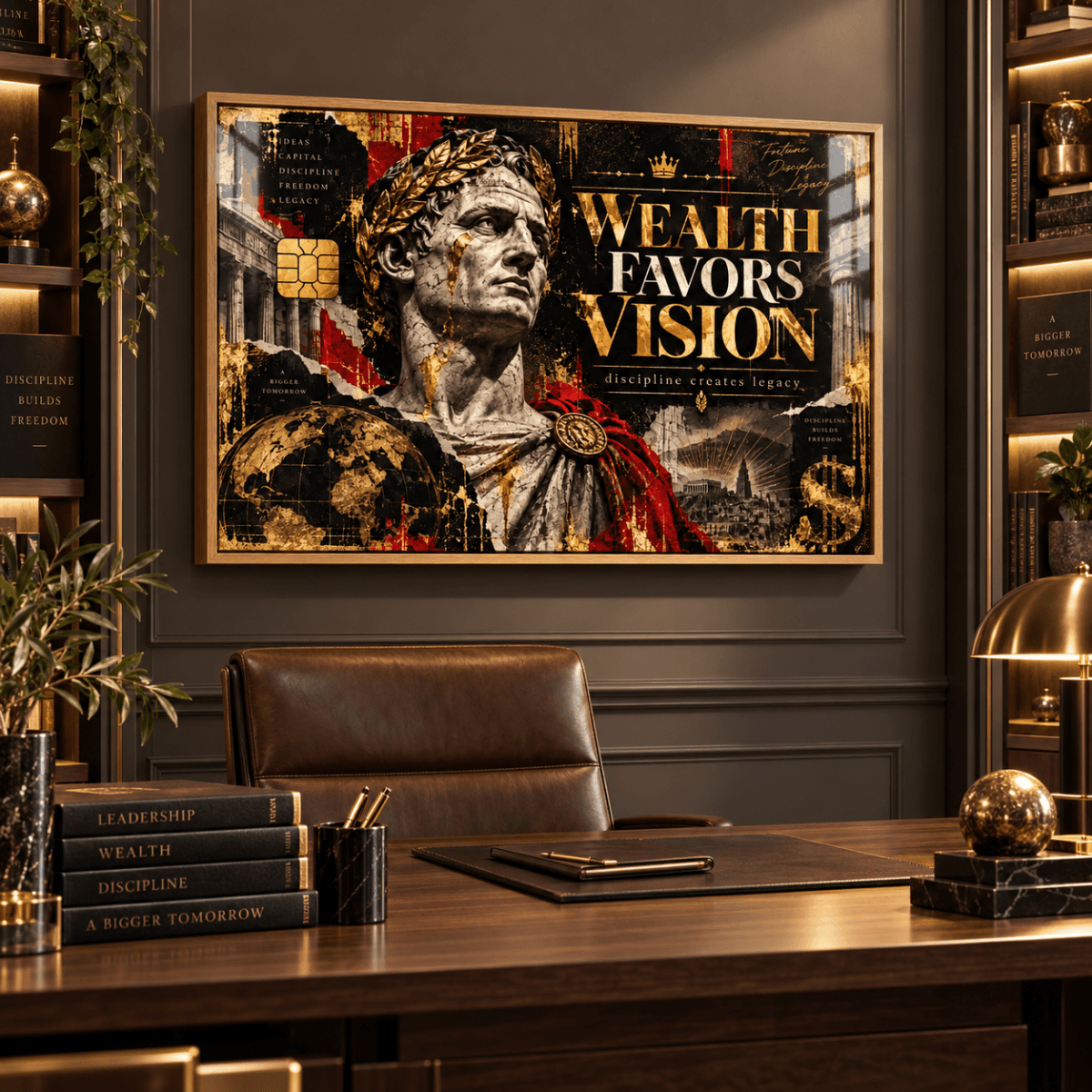 Wall art for men – acrylic print above a leather chair and desk in a luxury home office by Rossetti Art