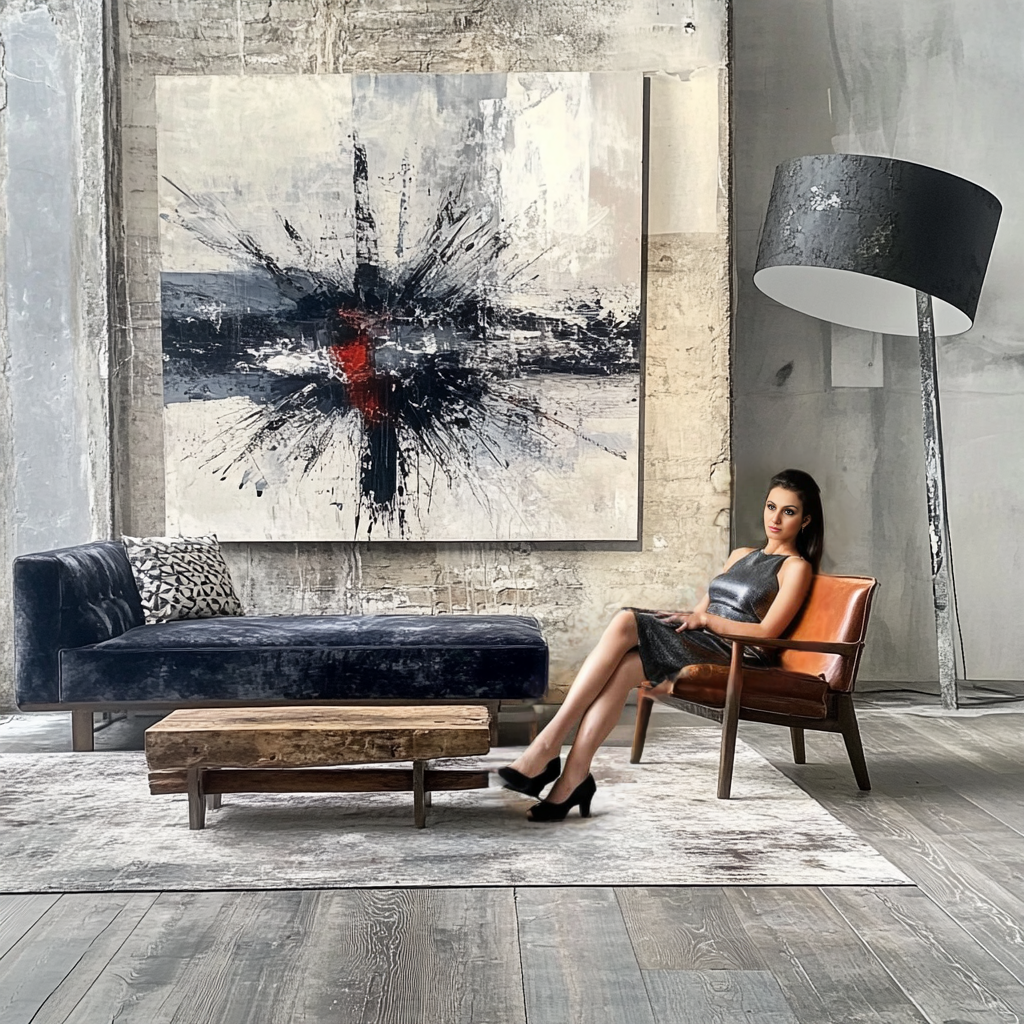 Handmade abstract painting with bold black and white textures, featuring a vibrant red burst in the center, perfect for modern and industrial spaces.