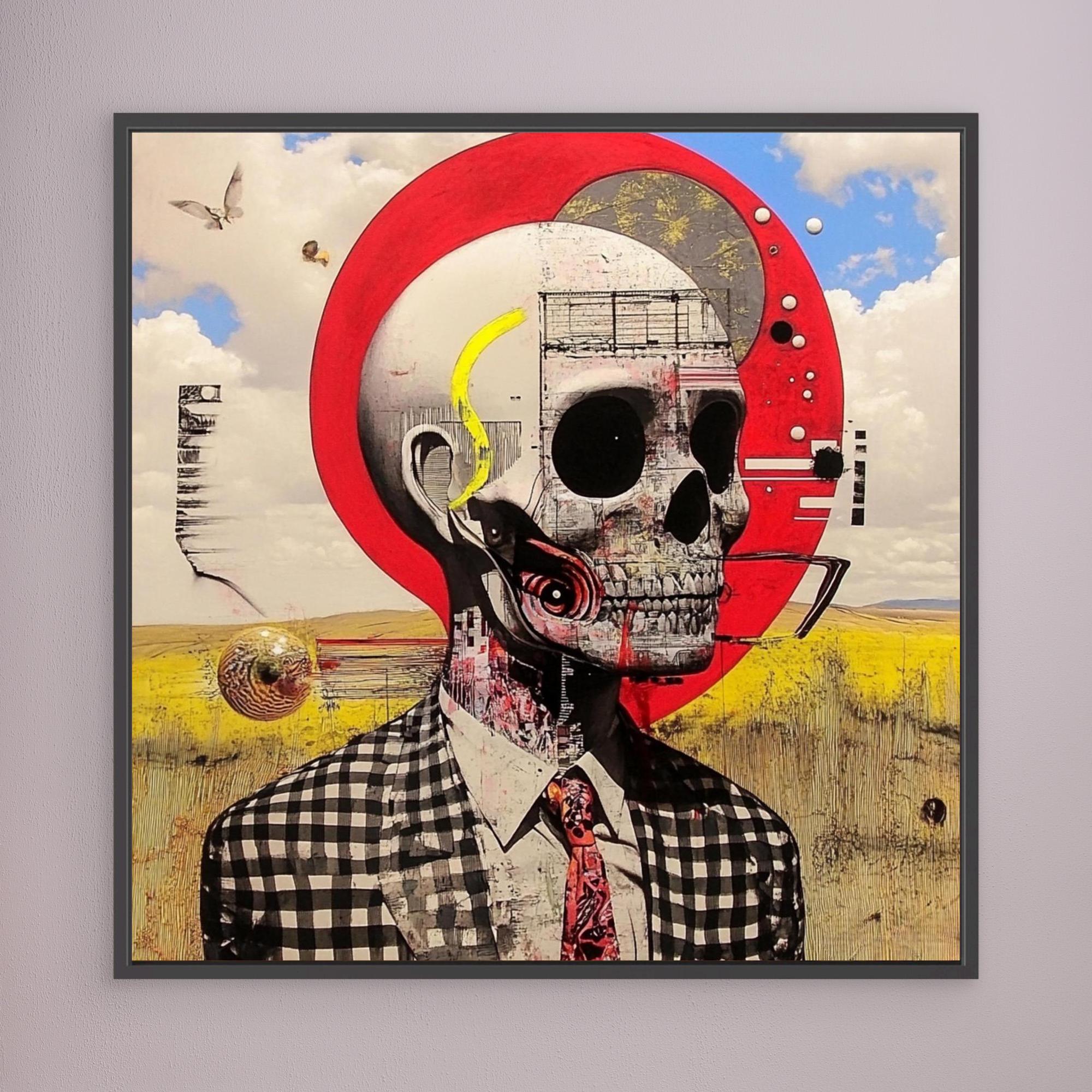 Canvas Print : Skull Reverie - Surreal Skull Art Print – Modern Mixed Media Wall Decor with Red Accents