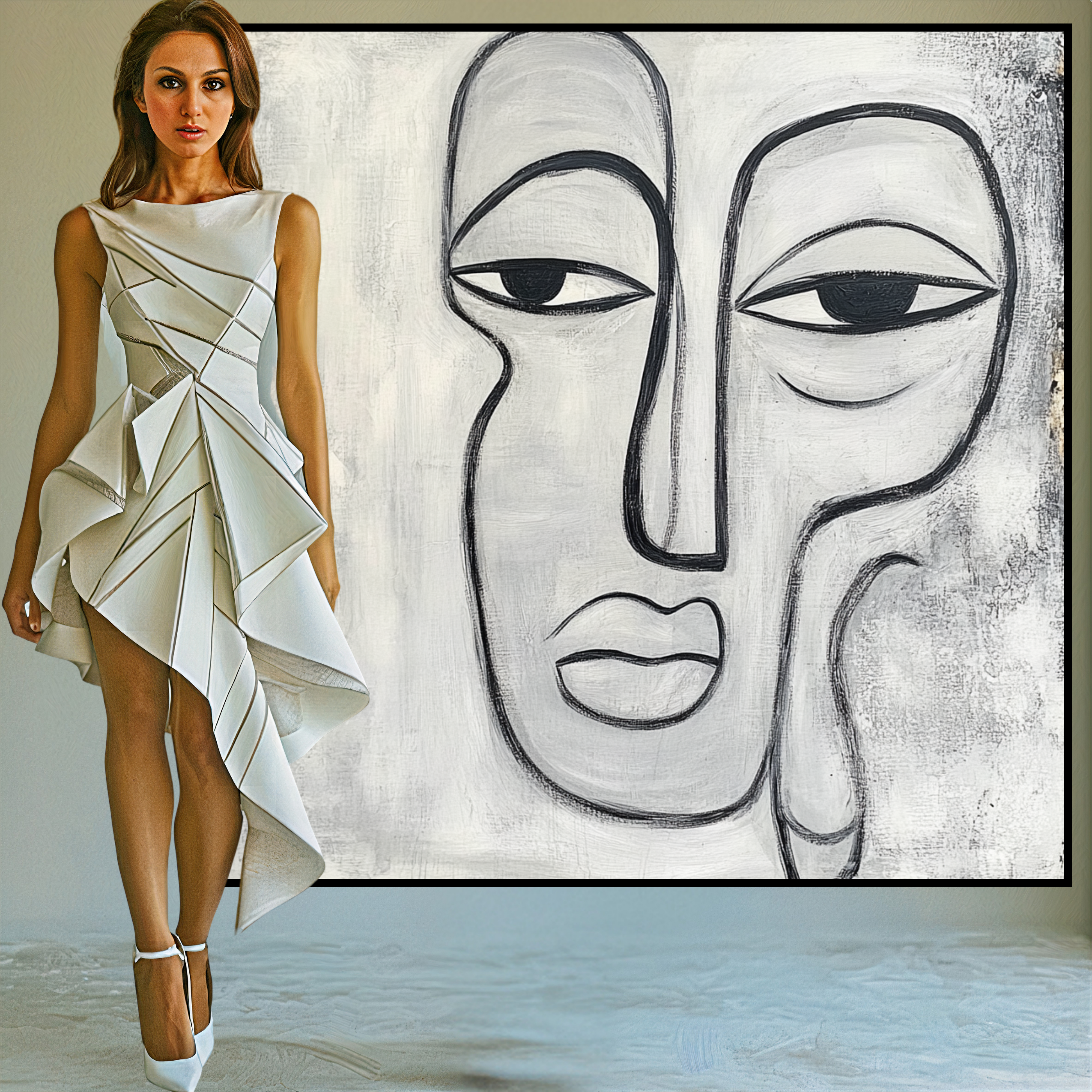 Original Painting :  The Melancholy Gaze – Black & White Painting for Living Room