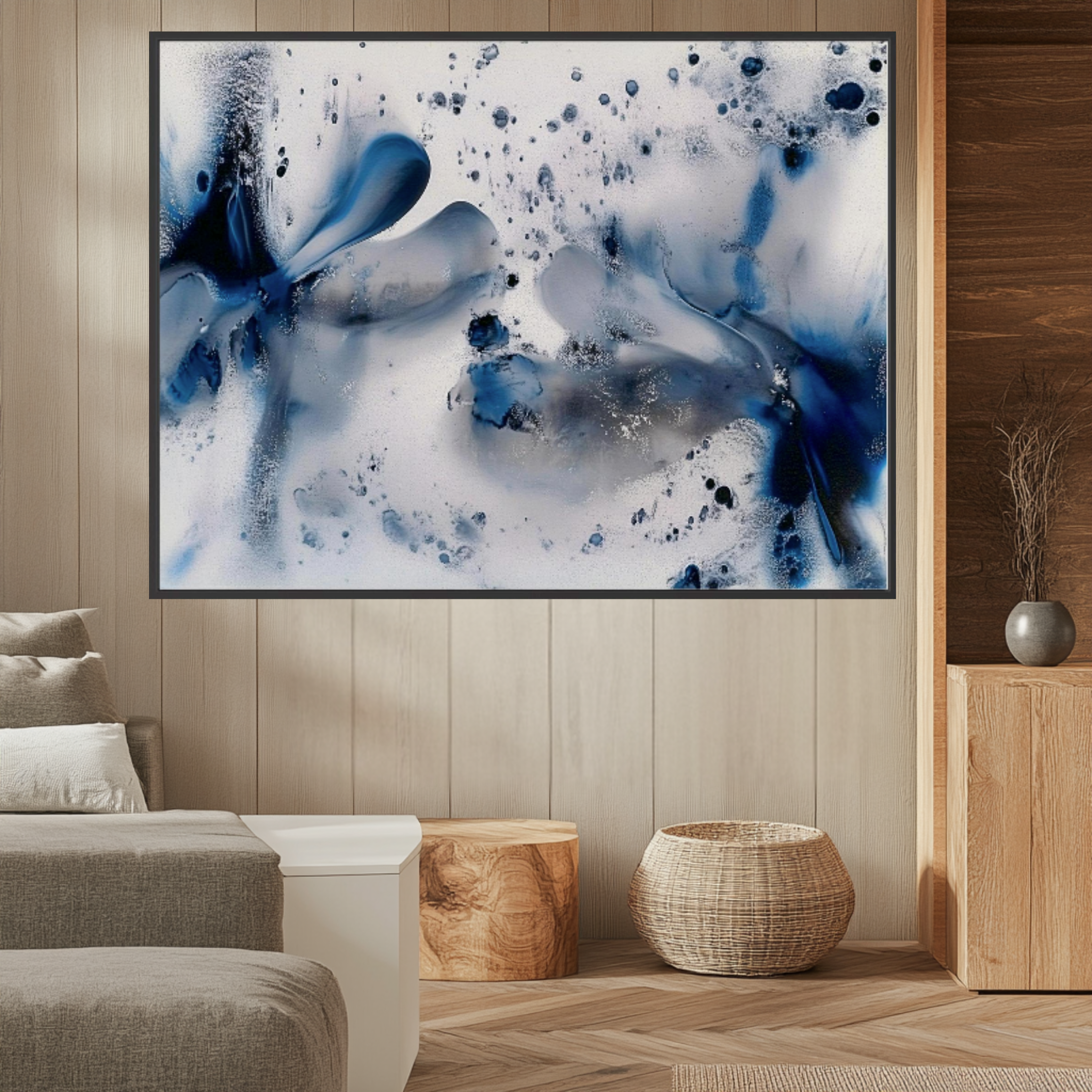 Canvas Print: Abstract Blue & White Fluid Art – Modern Minimalist House Decor