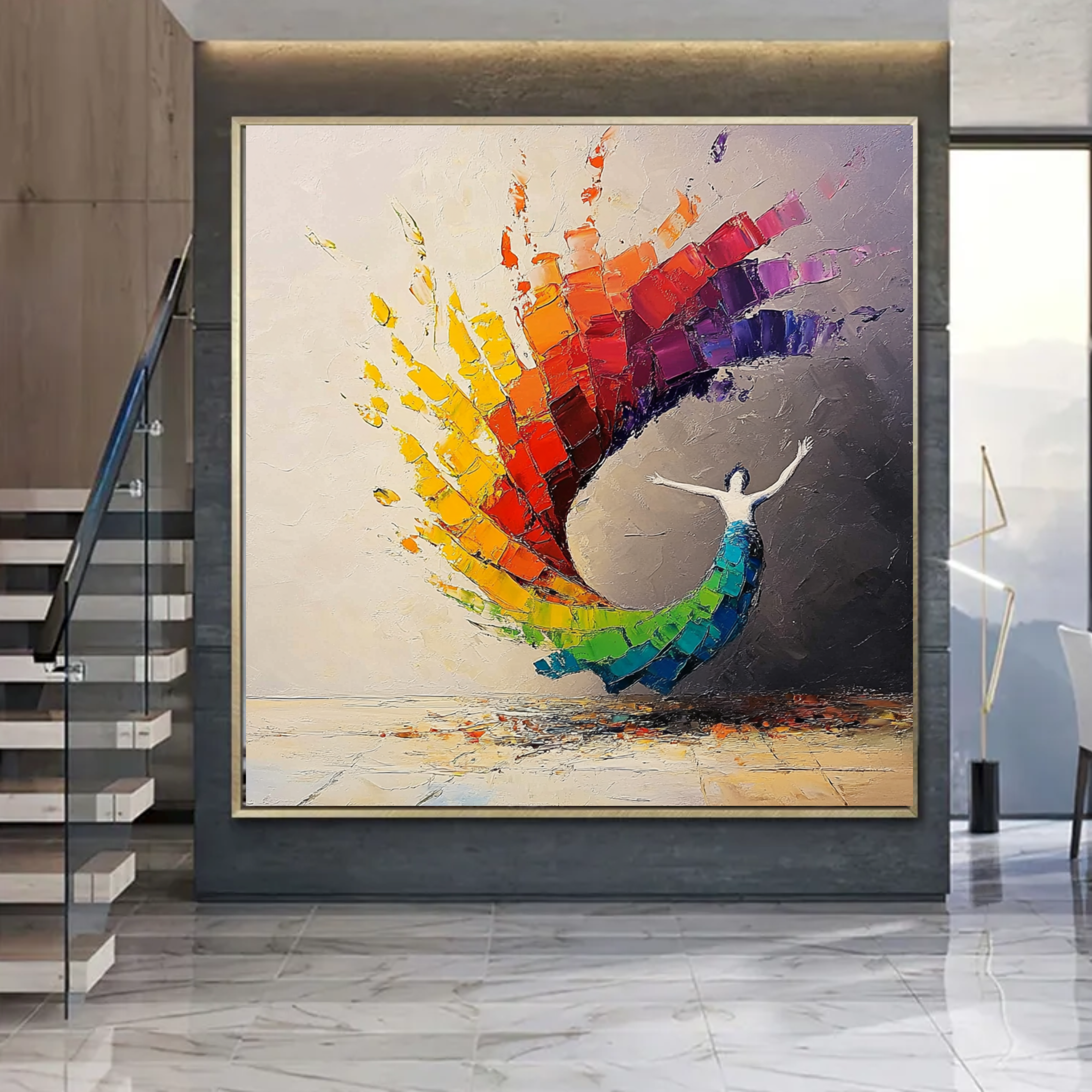 Handmade abstract painting of a swirling rainbow with a dancing figure, textured vibrant colors, and dynamic composition, perfect for modern and eclectic interiors.