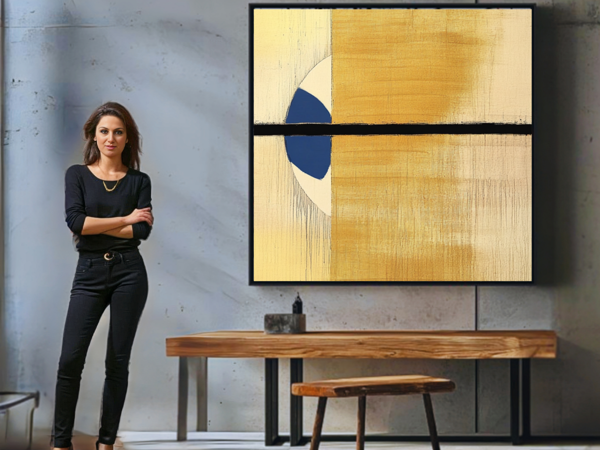 Handmade abstract painting with golden hues, a bold black line, and a deep blue geometric shape, perfect for modern and minimalist decor.