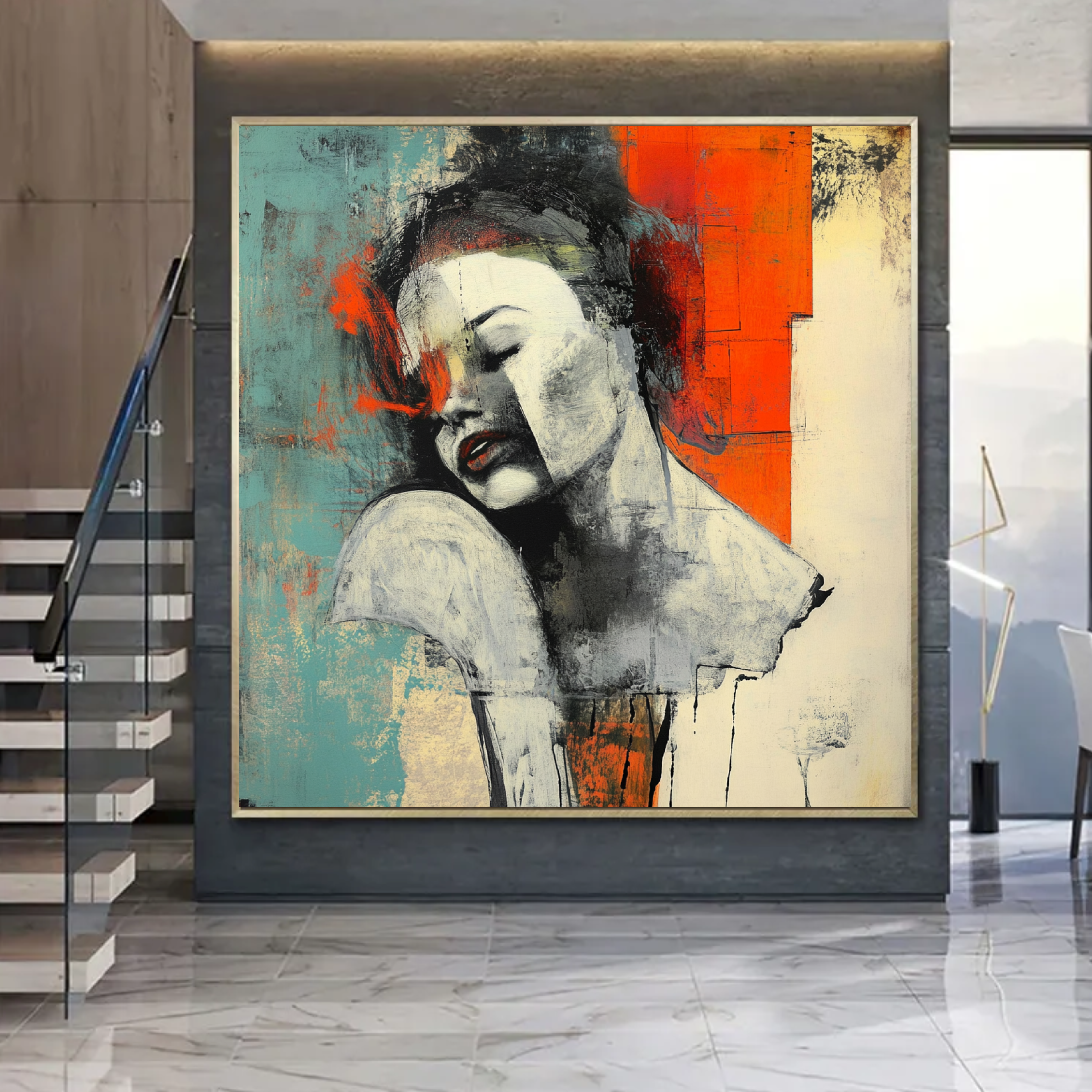 Handmade abstract portrait painting of a woman with soft brushstrokes, vibrant teal and orange accents, and bold textures, perfect for modern and eclectic interiors.