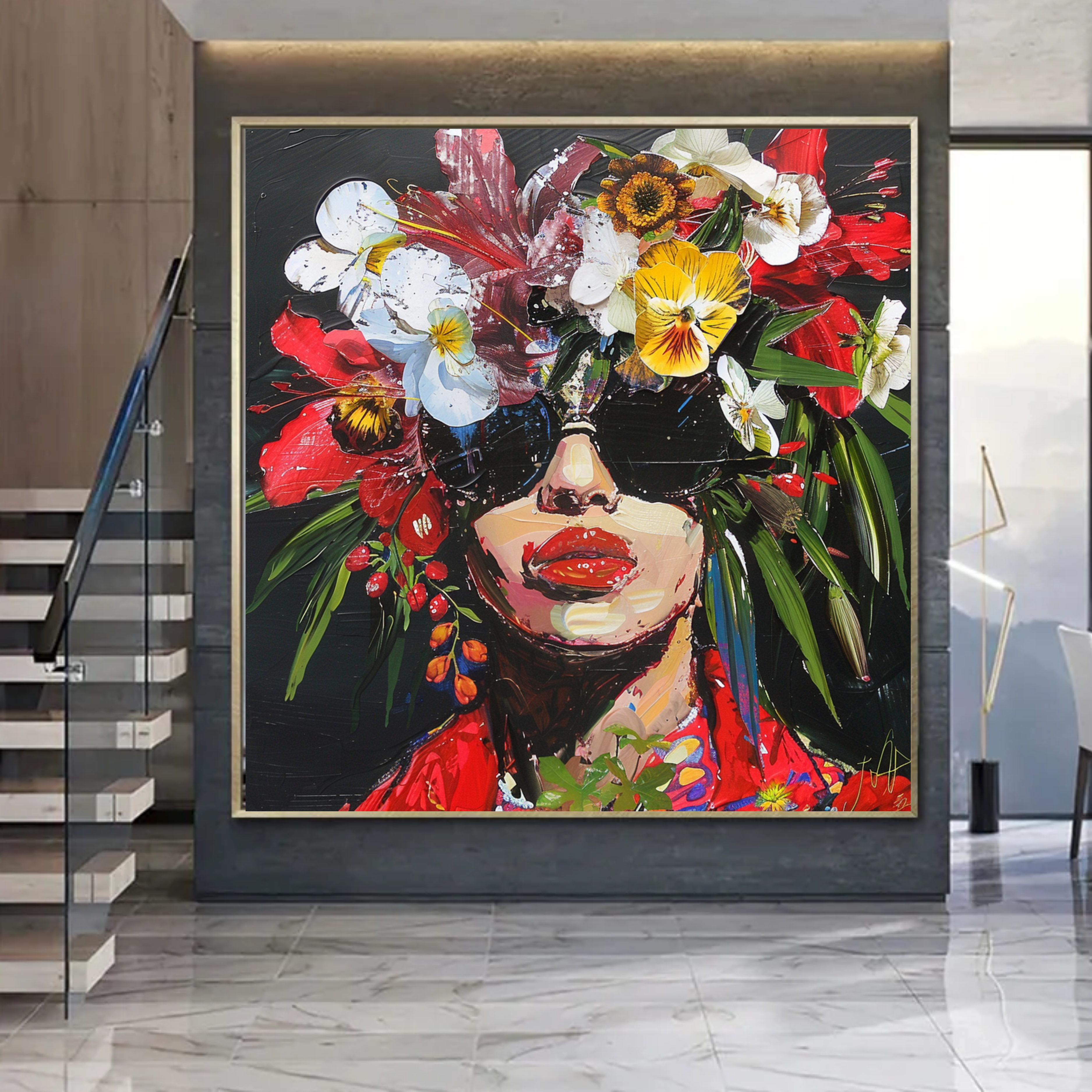 Abstract floral portrait painting featuring a vibrant crown of flowers in red, yellow, and white hues, with bold brushstrokes on a black background, showcasing modern elegance and artistic flair.