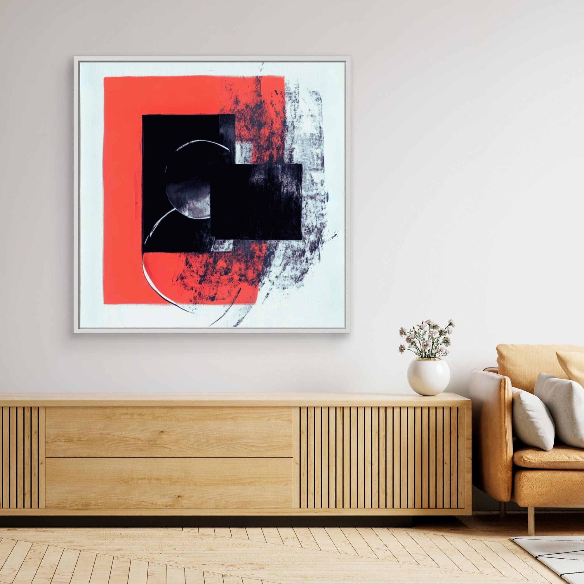 Crimson Echo - Modern Abstract Wall Art Print - Bold Black and Red Geometric Design on White Canvas - Contemporary Minimalist Art for Home Decor