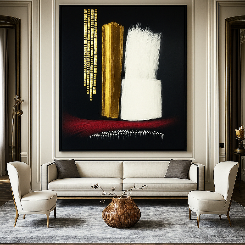 Canvas Print : Bold Abstract Canvas Art – Modern Minimalist Painting in Black, White, Gold & Burgundy