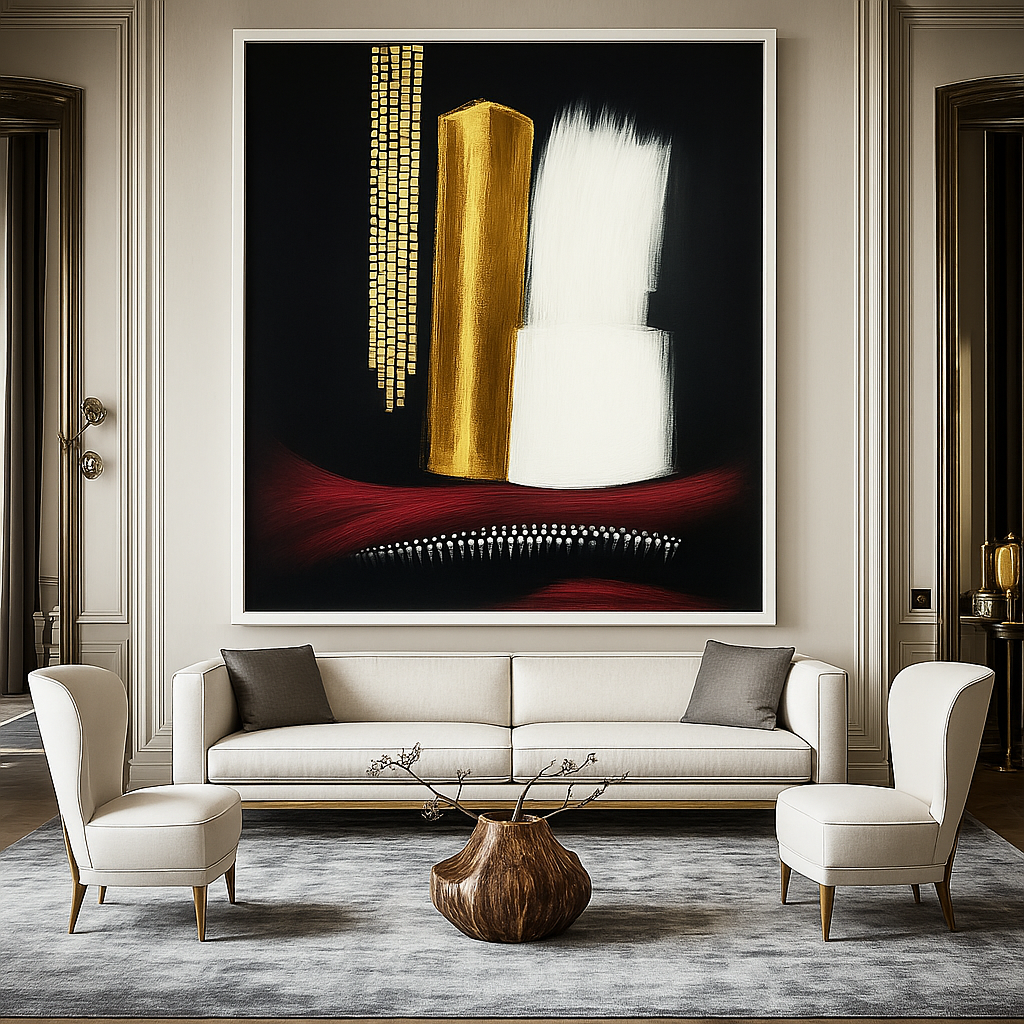 Canvas Print : Bold Abstract Canvas Art – Modern Minimalist Painting in Black, White, Gold & Burgundy