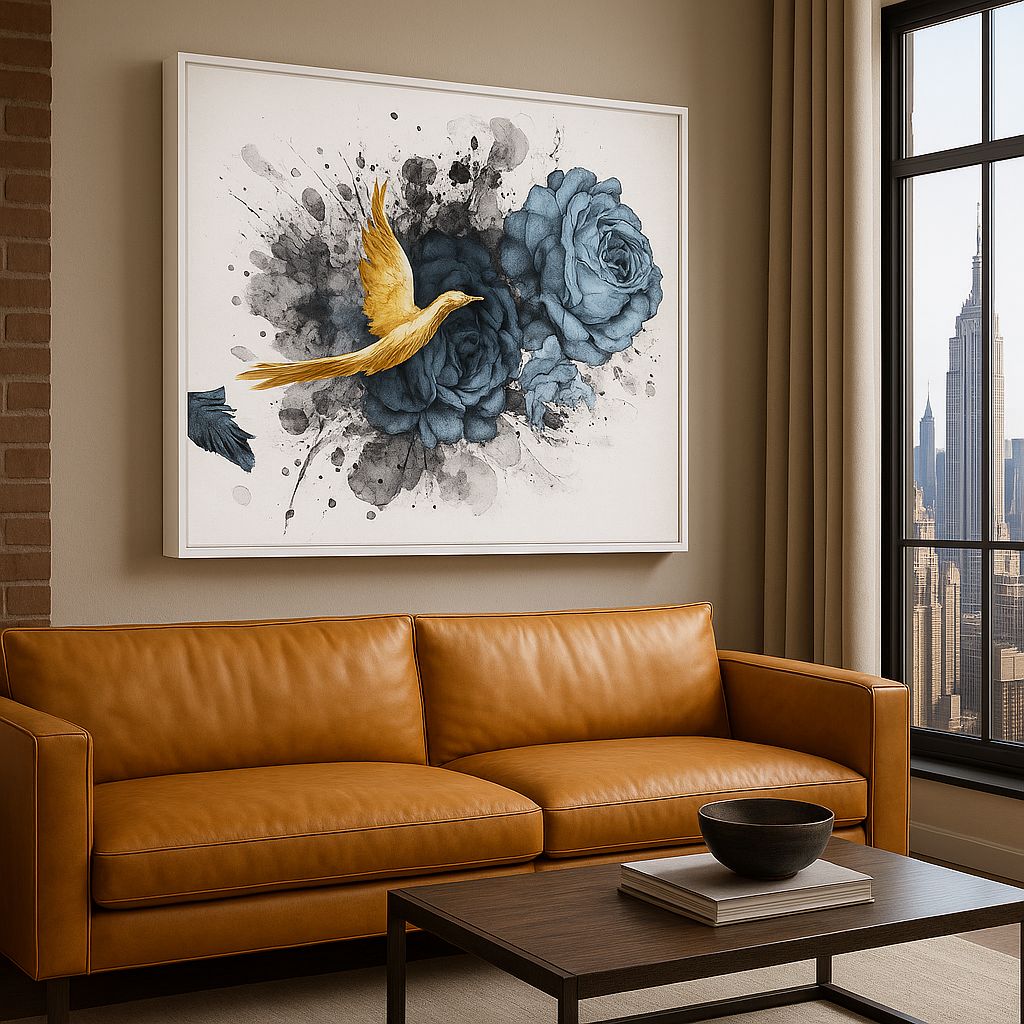 Canvas Print: Golden Bird & Blue Roses – Modern Floral Wall Art