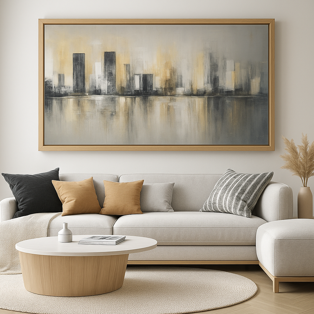 Original Painting : Original City Skyline Painting – Gold & Gray Urban Landscape Wall Art on Canvas