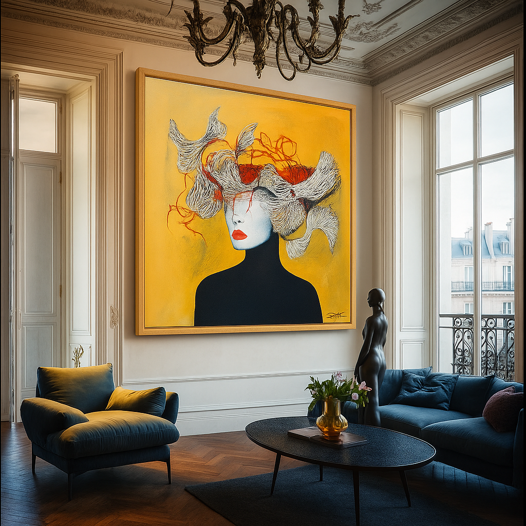 Abstract female portrait canvas art print featuring surreal sculptural headpiece in white and red against vibrant yellow background by Chiara Rossetti - modern expressionist wall decor