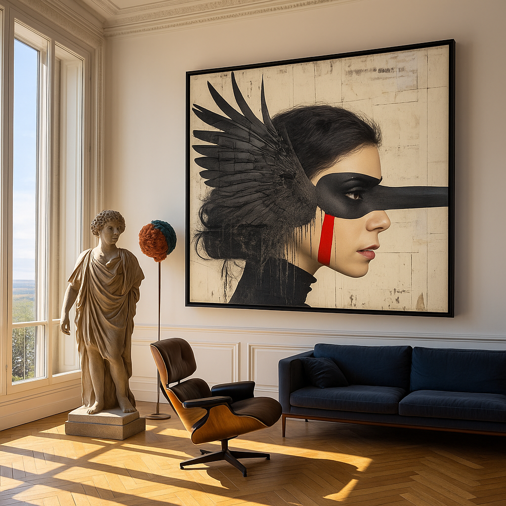 Modern living room with a large framed artwork of a woman's face with a bird mask, a statue, and a chair.