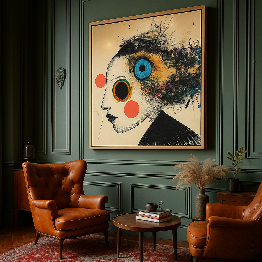 Surreal Abstract Face Living room with a brown armchair, round coffee table, and abstract art on the wall.