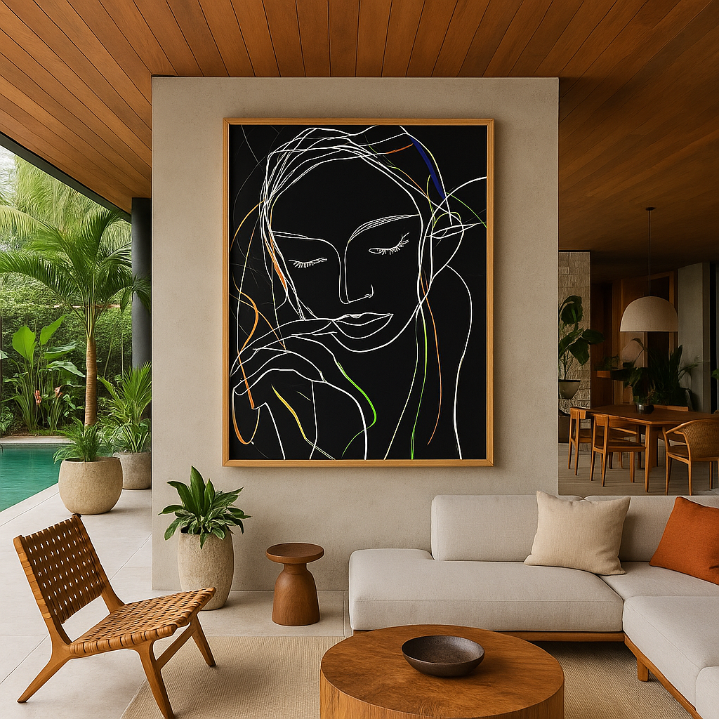 Minimalist line art woman on black canvas with colorful strokes – modern wall decor