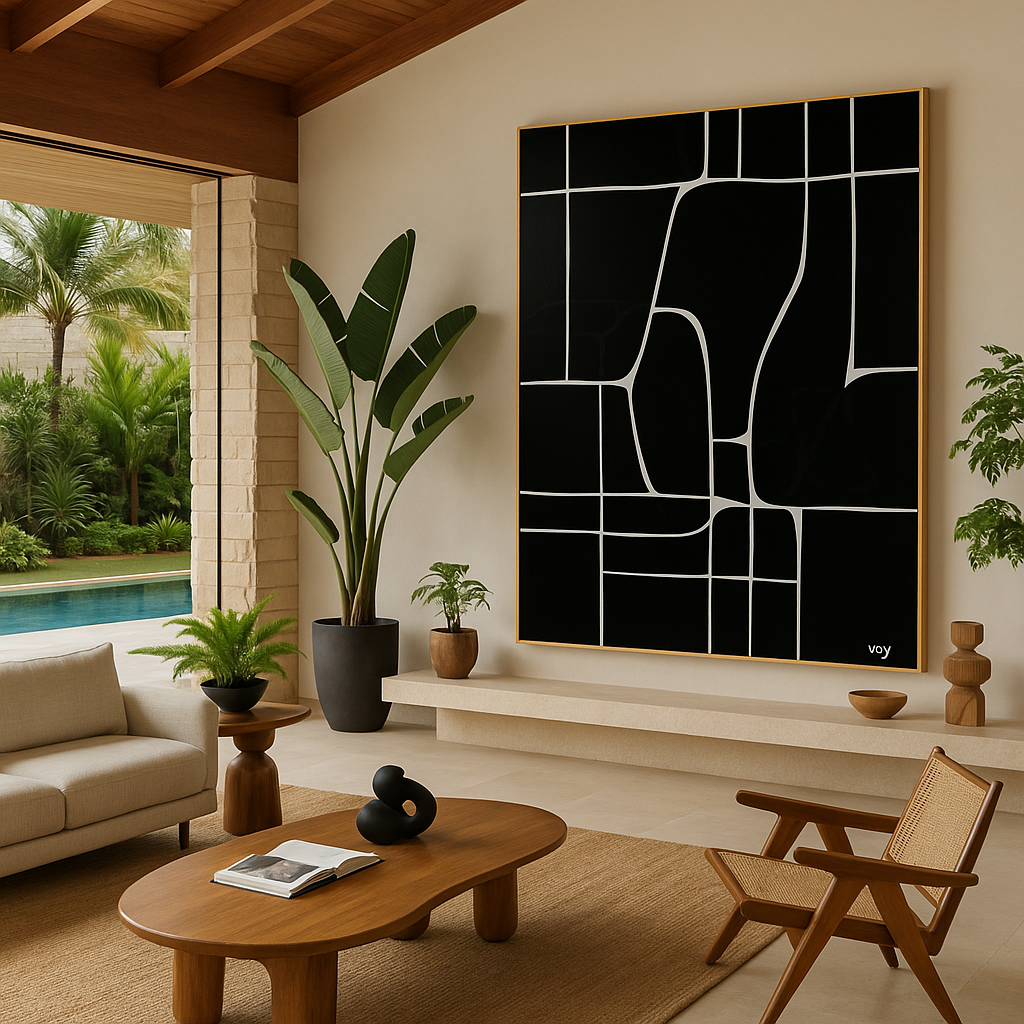 Minimalist geometric black and white canvas print titled Fractured Balance – modern abstract wall art in luxury tropical interior