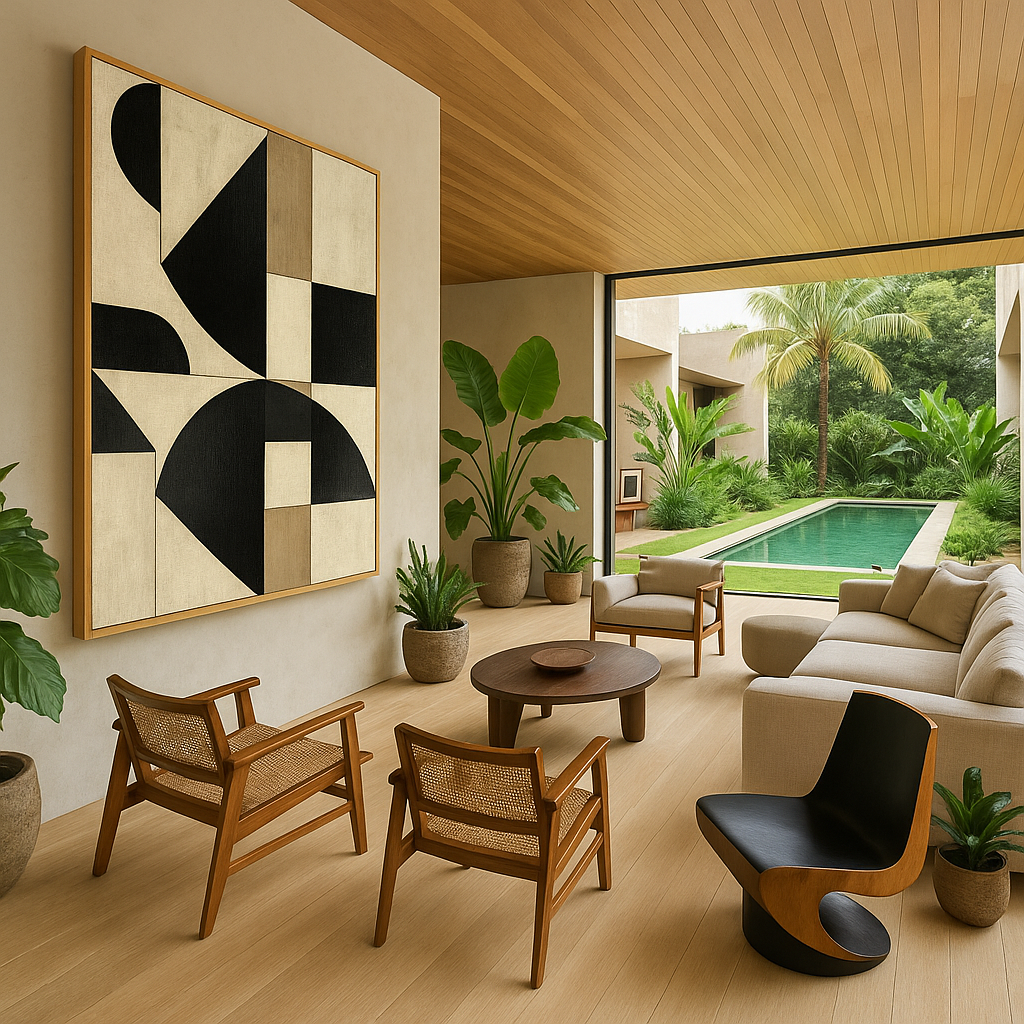 Discover “Modern Equilibrium” – a bold neutral abstract canvas with striking black shapes and calm tones. Minimalist wall art for elevated modern interiors.