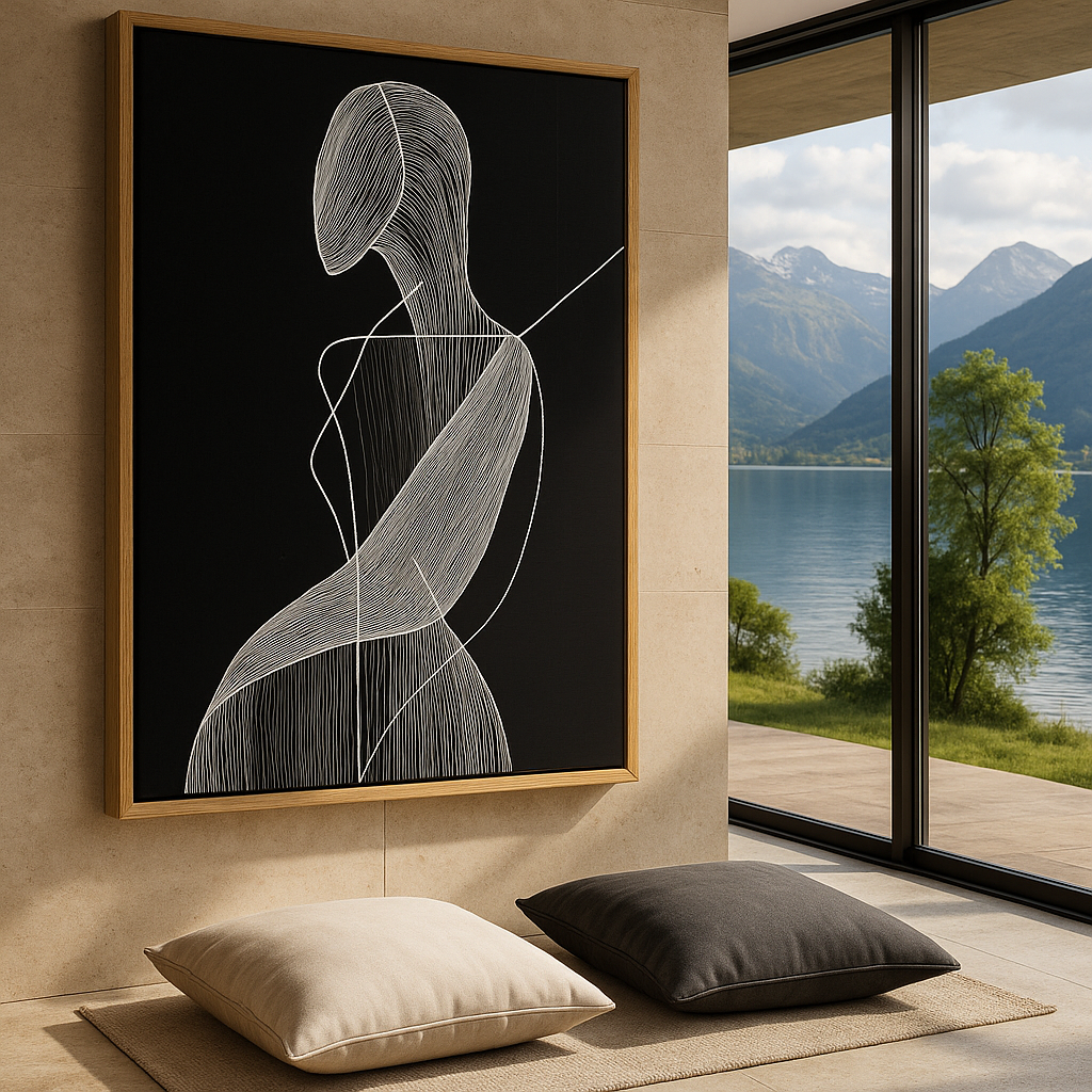 Vertical minimalist female line art on black canvas – titled Contour Whisper – serene modern interior with lake view