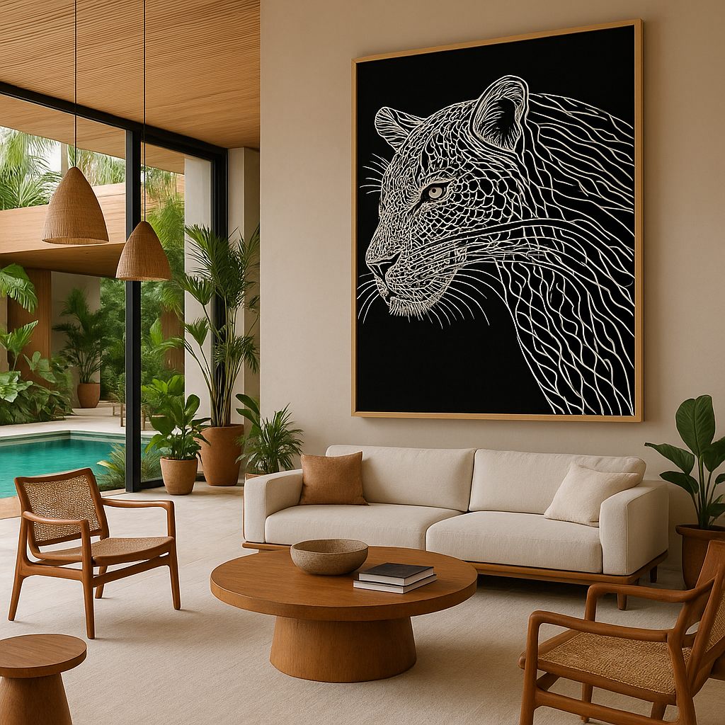 leopard line art print featuring intricate white line work on black background showing leopard portrait with detailed spot patterns