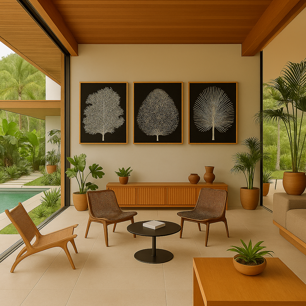 Modern botanical wall art set of 3 black and white leaf prints – titled Nature’s Imprint – displayed in tropical luxury interior