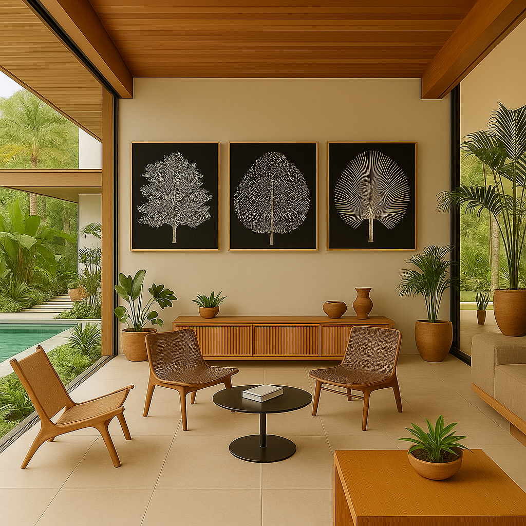 Modern botanical wall art set of 3 black and white leaf prints – titled Nature’s Imprint – displayed in tropical luxury interior
