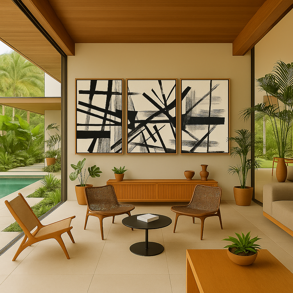 Black and white abstract canvas triptych with bold brushstrokes – titled Momentum Lines – modern art set in a tropical luxury interior