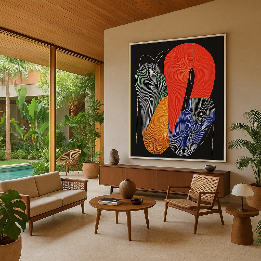 Bold abstract canvas wall art with colorful linework in red, orange, blue, and green – titled Rhythms in Color – modern interior with tropical decor

