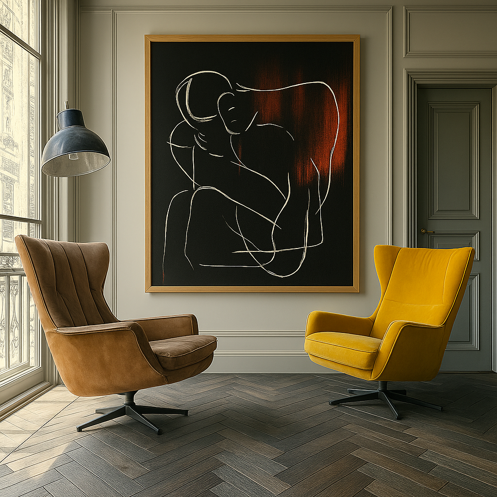 Abstract line art of seated figure in black and red tones, minimalist canvas wall art print titled "Silent Strength"