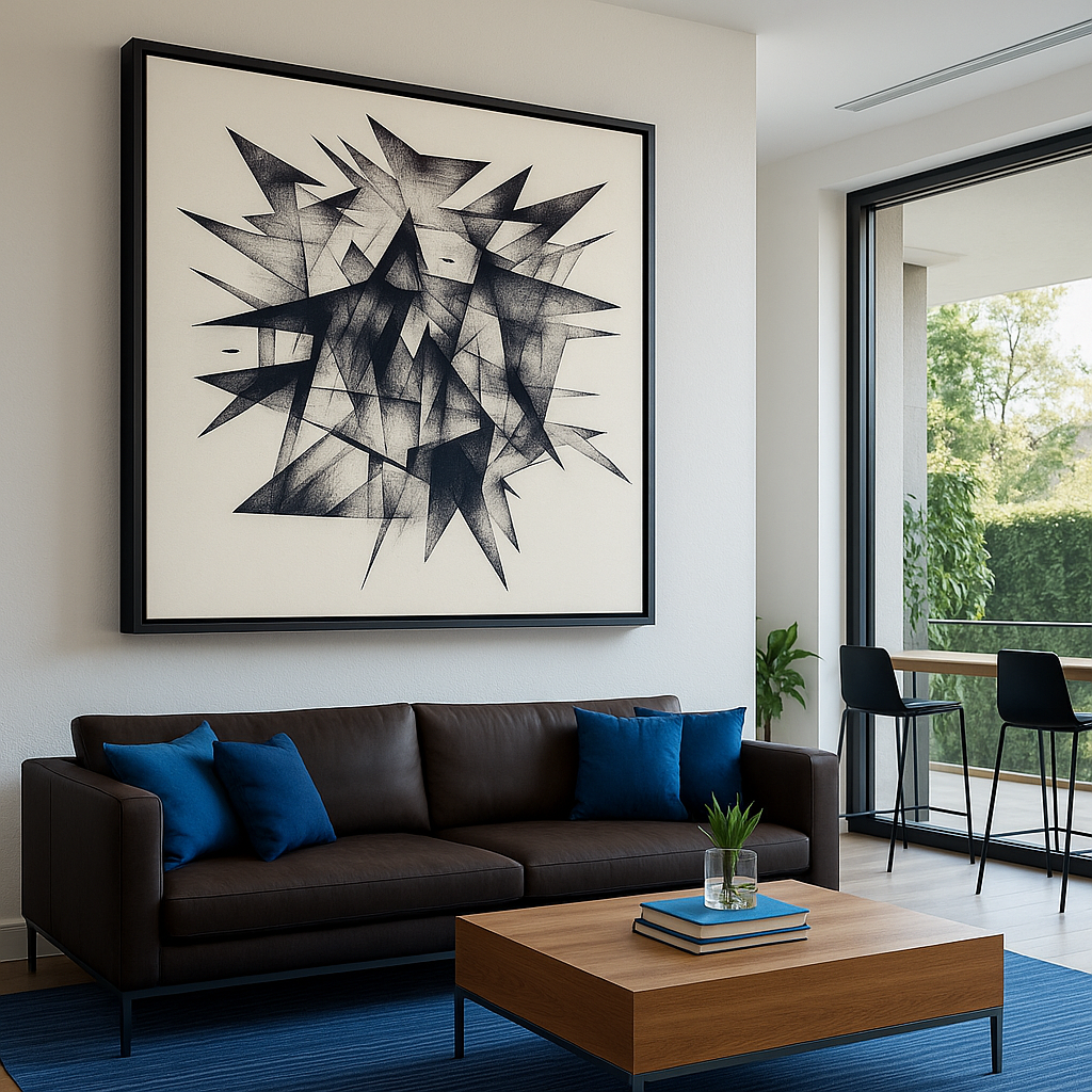 "Abstract black and white geometric canvas print with sharp edges, modern brutalist wall art"