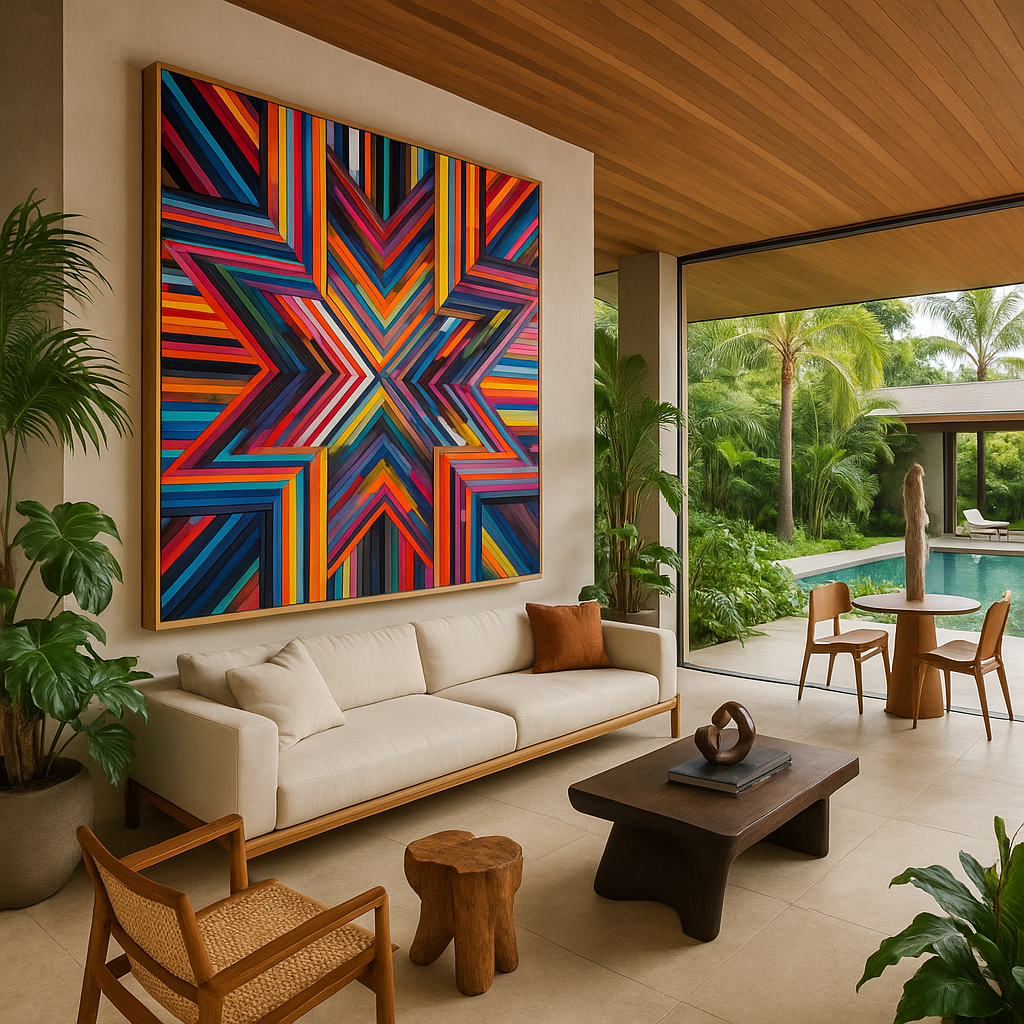 Colorful geometric canvas wall art featuring a bold, star-shaped rainbow pattern with 3D visual illusion and layered lines.