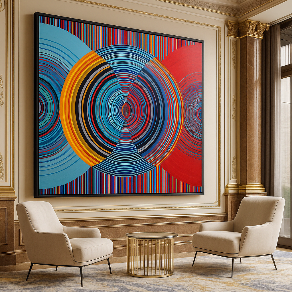 Bold vortex-style canvas art with overlapping circular patterns in vibrant red, blue & orange. “Pulse Collider” is modern wall art that makes a statement.