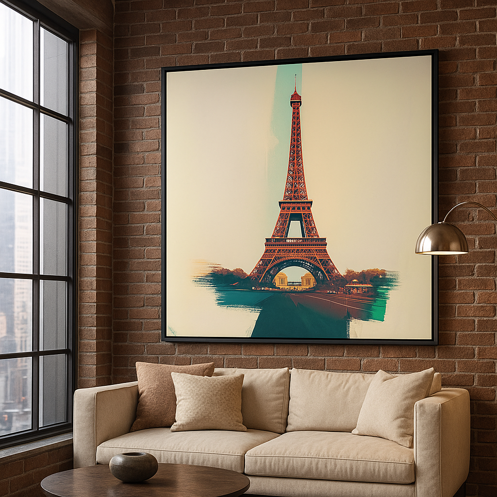 Abstract Eiffel Tower canvas print in bold colors, with fashion-forward woman in modern white dress standing beside it