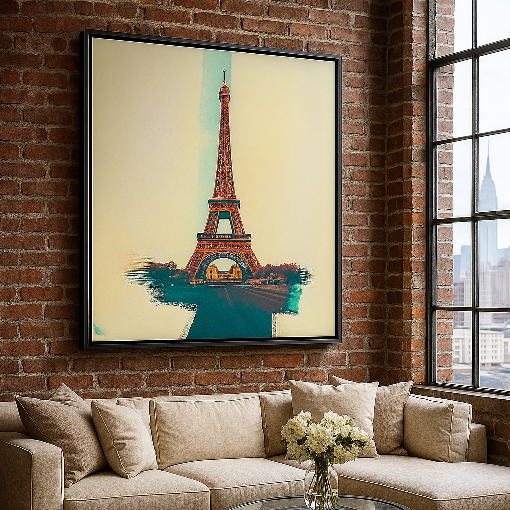 Abstract Eiffel Tower canvas print in bold colors, with fashion-forward woman in modern white dress standing beside it