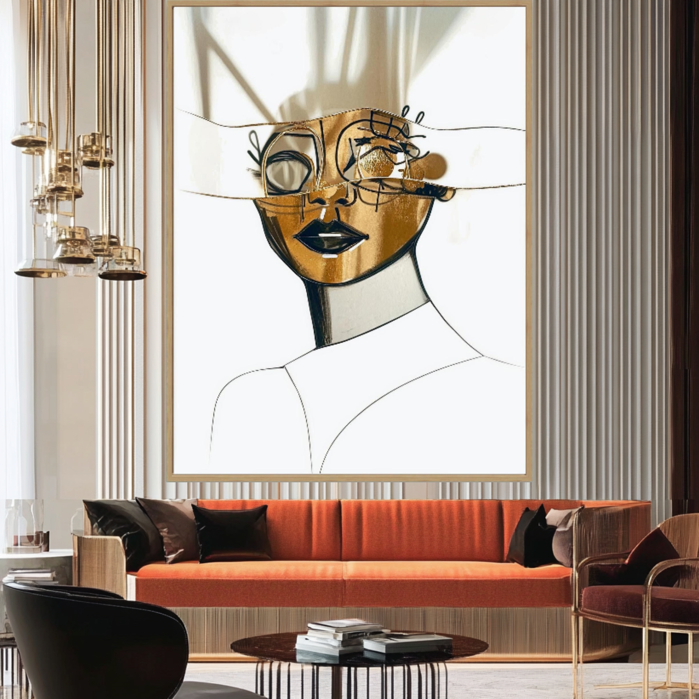 Canvas Print: Abstract Gold & Black Modern Portrait – Minimalist Wall Art Framed