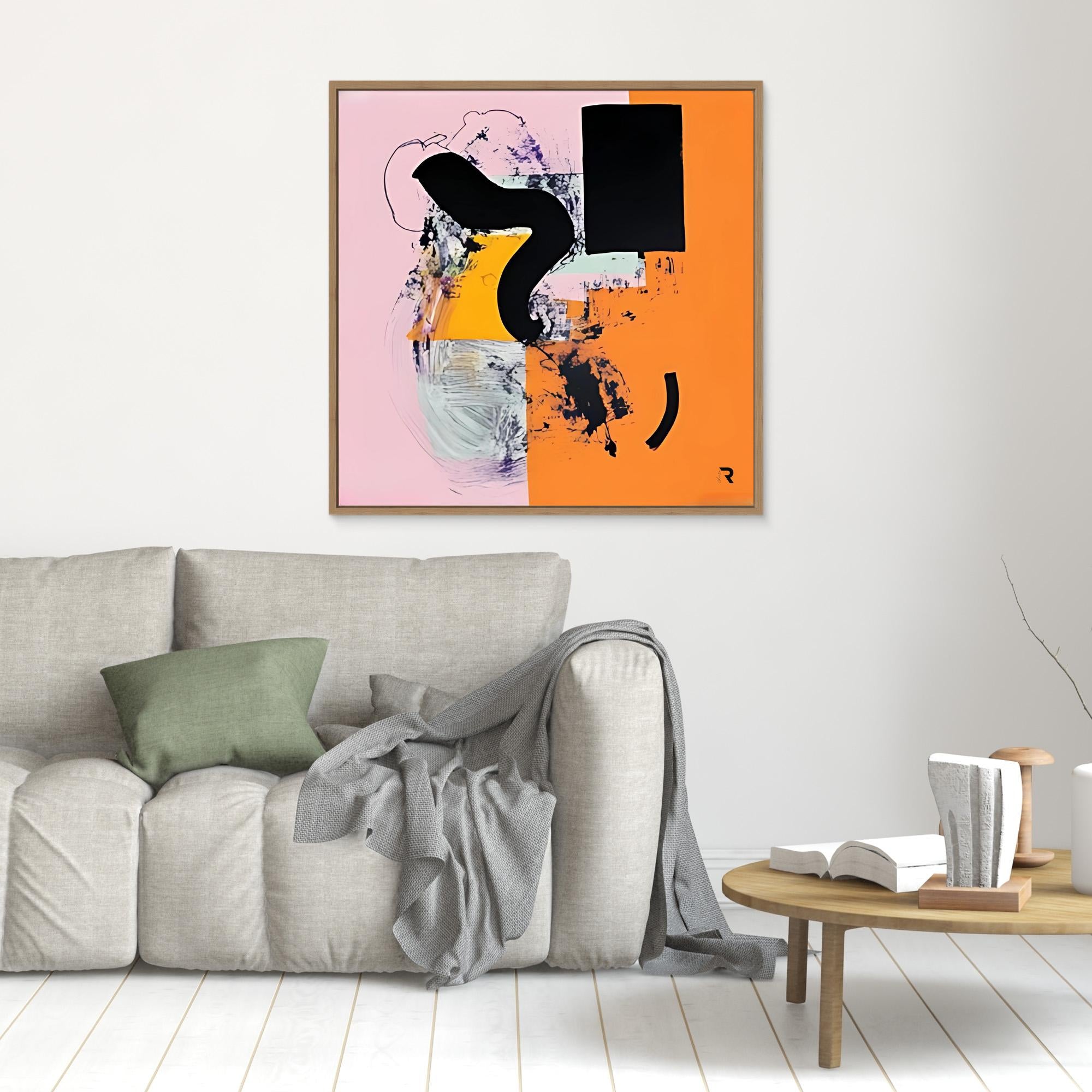 Dynamic Flow- Print Wall Art - Abstract Modern Wall Art, Pink And Orange Geometric Print, Large Framed Contemporary Art, Bold Black And Yellow Accent Wall Decor, Minimalist Canvas Print For Living Rooms