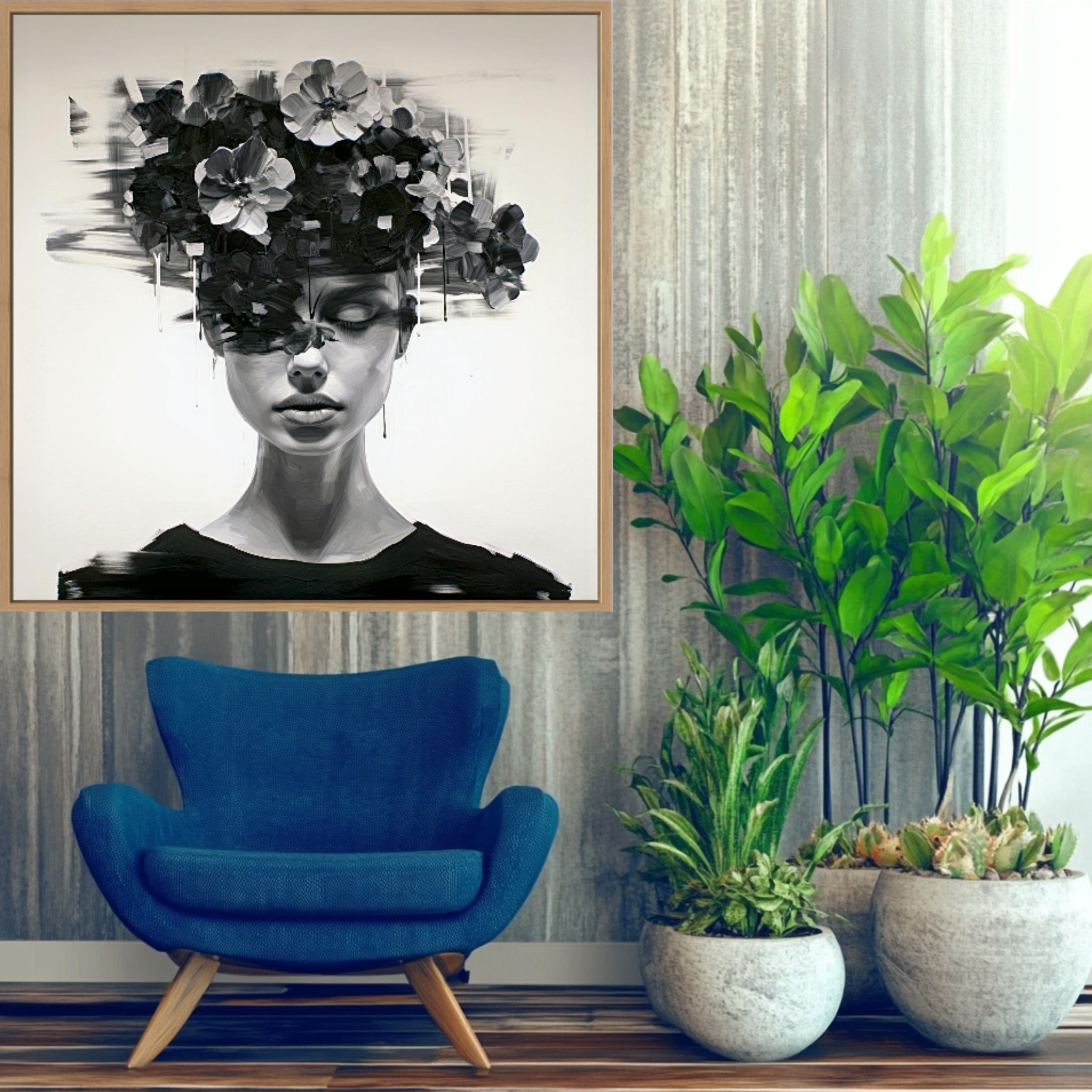 Canvas Print: Noir Bloom – Surreal Floral Portrait Wall Art