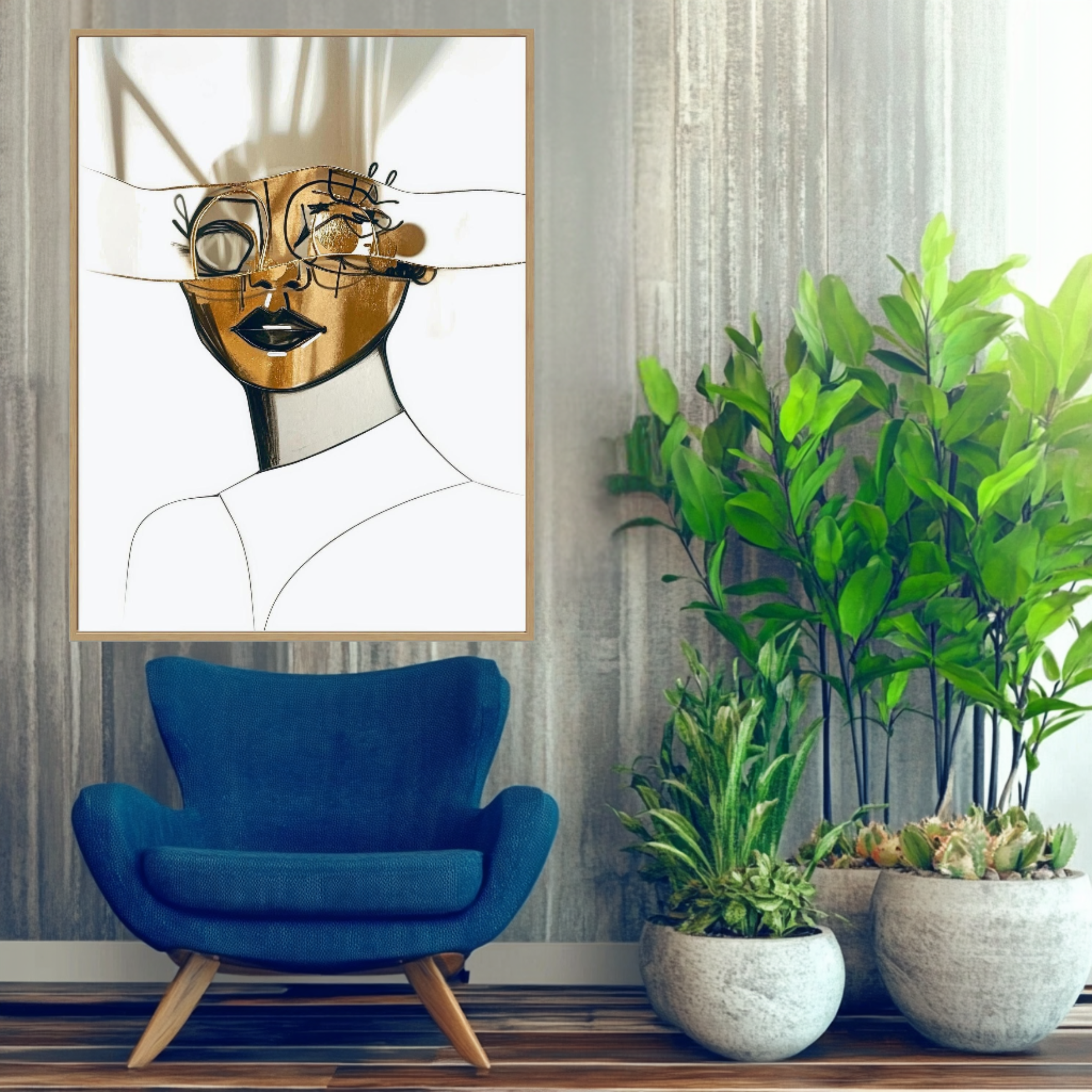 Canvas Print: Abstract Gold & Black Modern Portrait – Minimalist Wall Art Framed