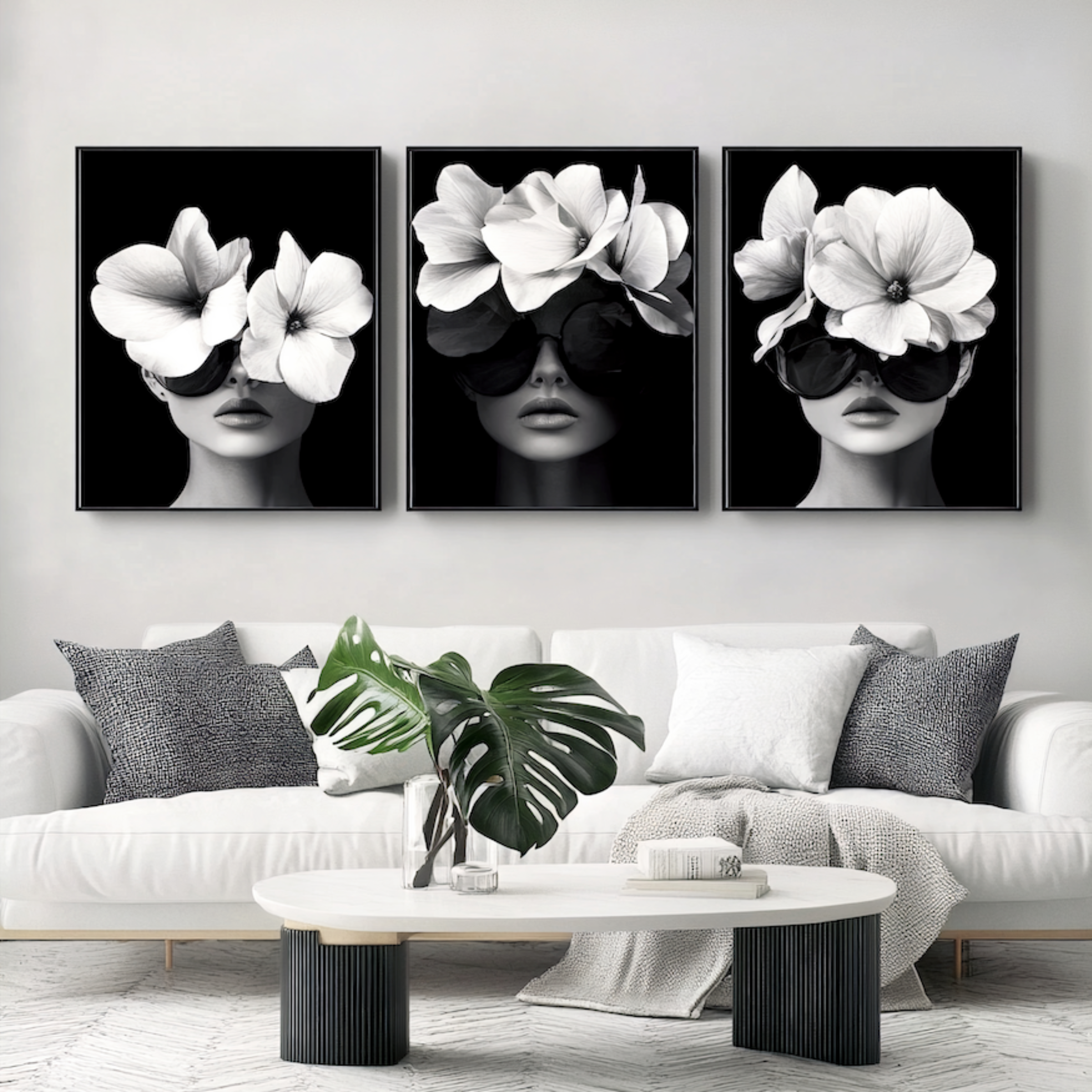 Canvas Print: Floral Elegance Triptych - Framed Wall Art Black and White-Chiara Rossetti