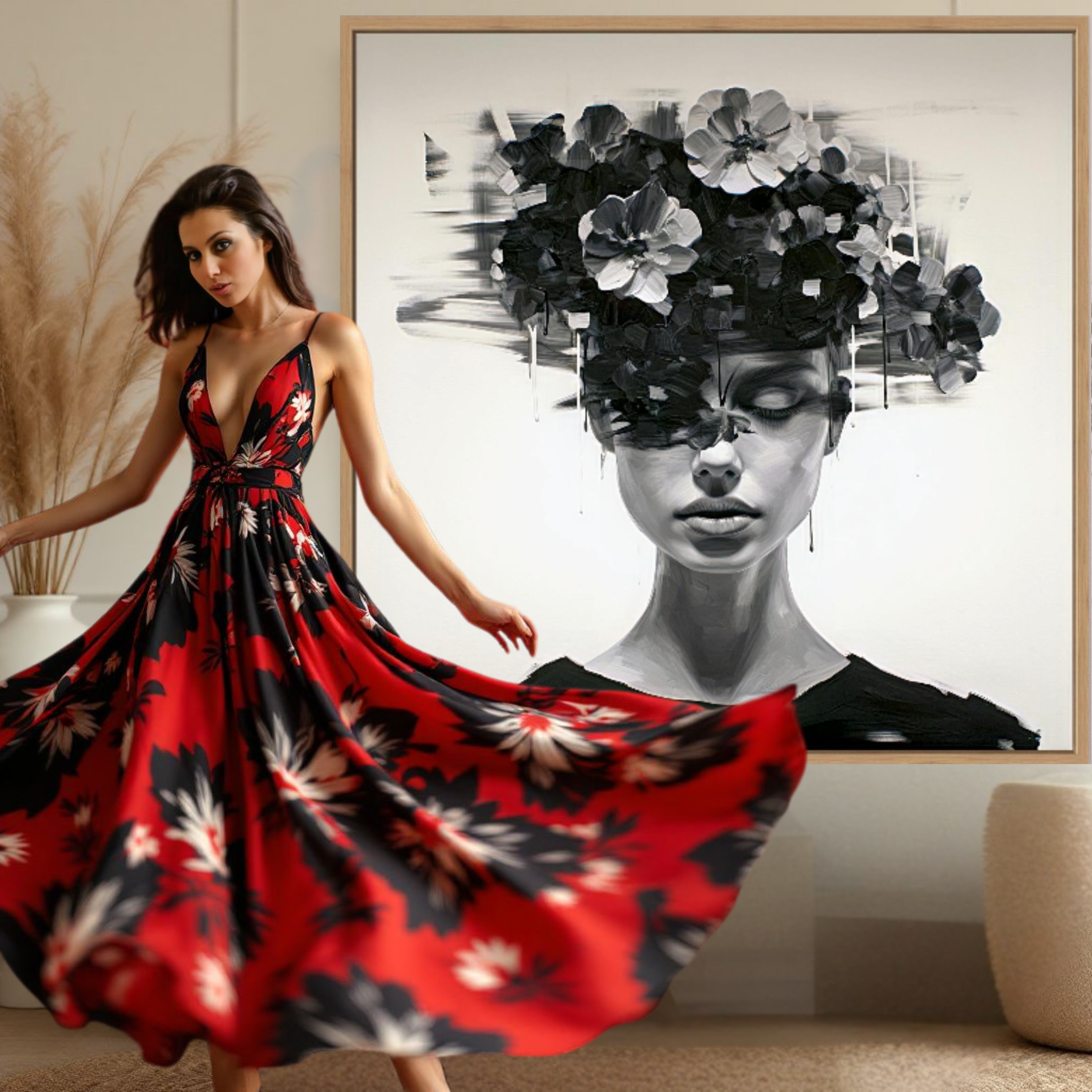 Canvas Print: Noir Bloom – Surreal Floral Portrait Wall Art