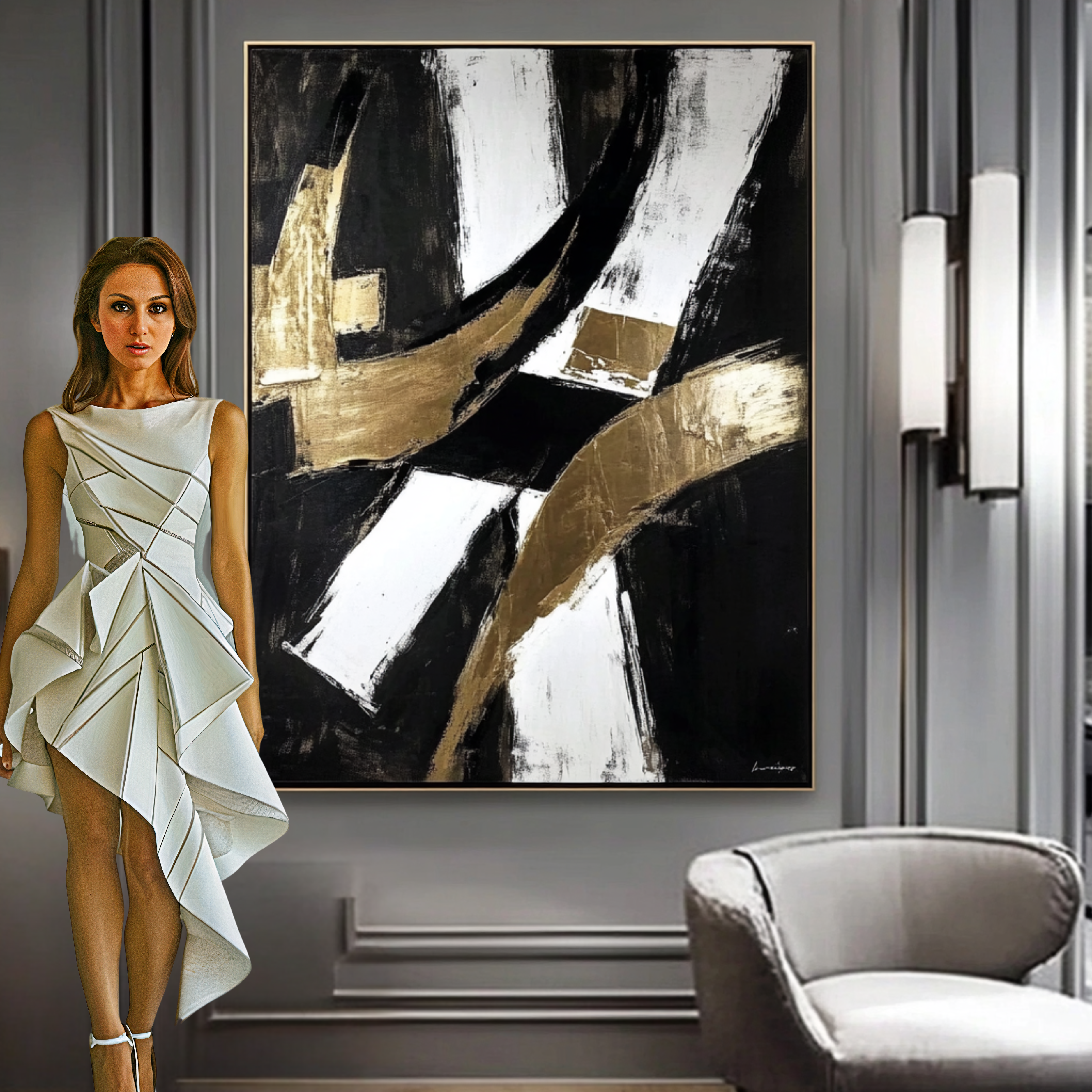 Original Painting : Golden Monolith - Black and Gold Painting on Canvas - Chiara Rossetti